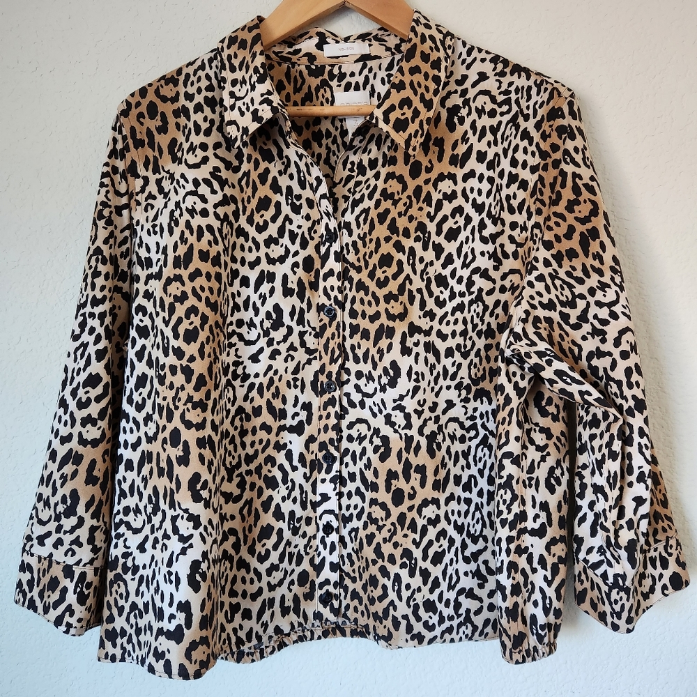 Chico's Cheetah Print 3/4 Sleeve Collared Button Down Boxy Shirt, Size 3(XL)